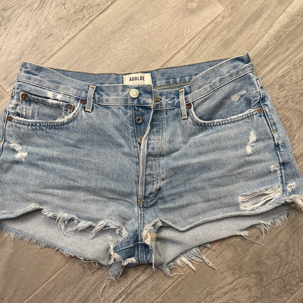 Agolde Light Blue Distressed Denim Shorts